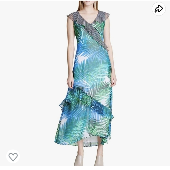 Calvin Klein Tropical Palm Ruffle Maxi Dress Size 6 EUC - Picture 1 of 5